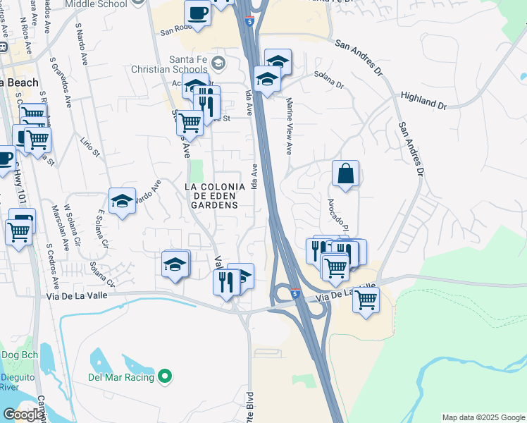 map of restaurants, bars, coffee shops, grocery stores, and more near 822 Ida Avenue in Solana Beach