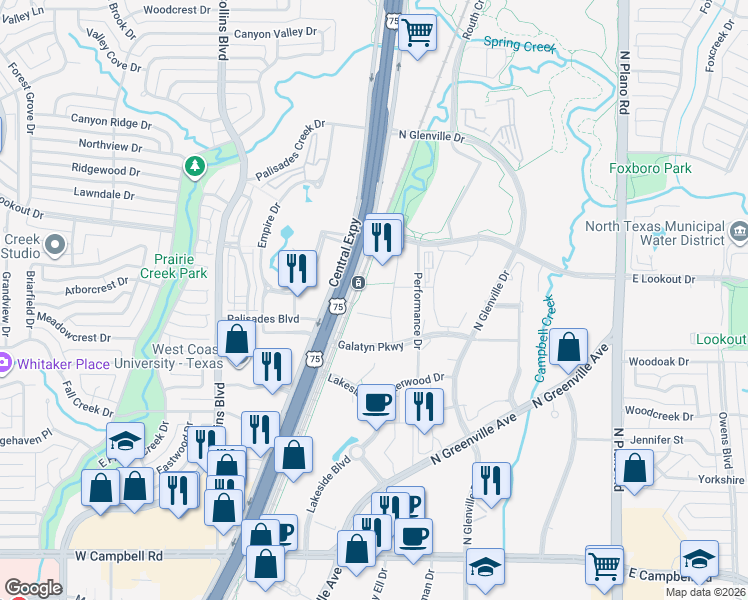 map of restaurants, bars, coffee shops, grocery stores, and more near in Richardson