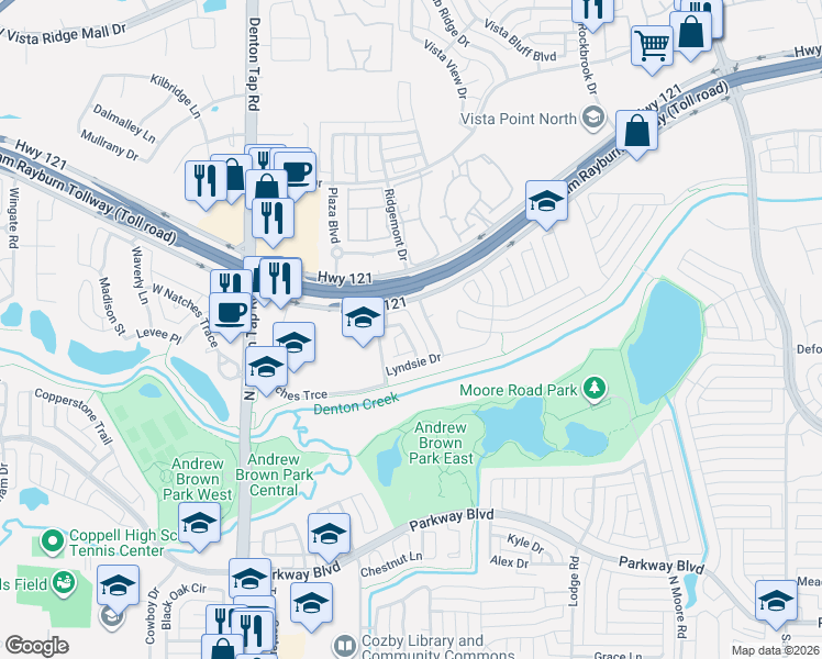 map of restaurants, bars, coffee shops, grocery stores, and more near 631 Park Highlands Drive in Coppell