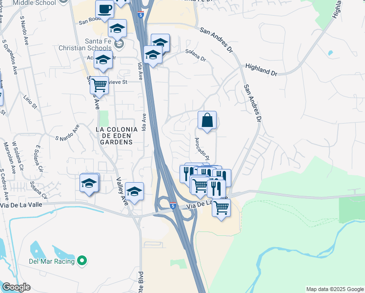 map of restaurants, bars, coffee shops, grocery stores, and more near 1060 America Way in Del Mar