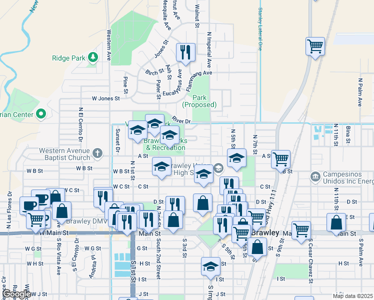 map of restaurants, bars, coffee shops, grocery stores, and more near 638 North 3rd Street in Brawley
