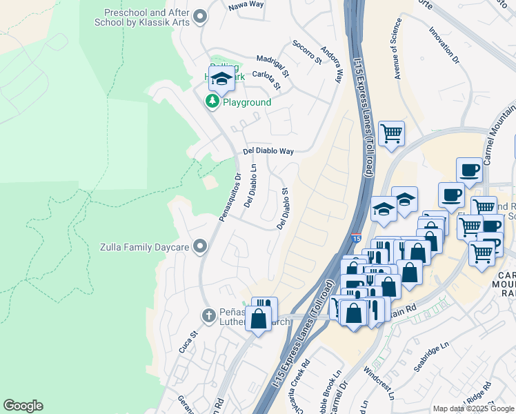 map of restaurants, bars, coffee shops, grocery stores, and more near 14863 Del Diablo Lane in San Diego