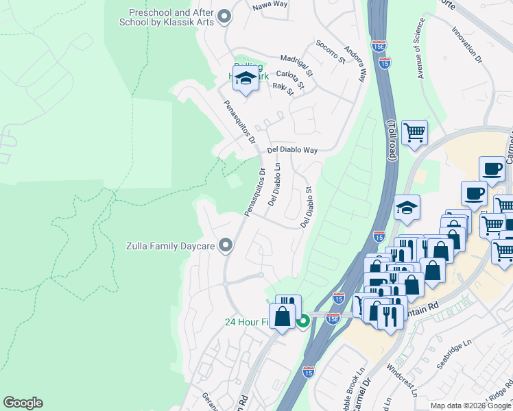 map of restaurants, bars, coffee shops, grocery stores, and more near 14839 Penasquitos Drive in San Diego