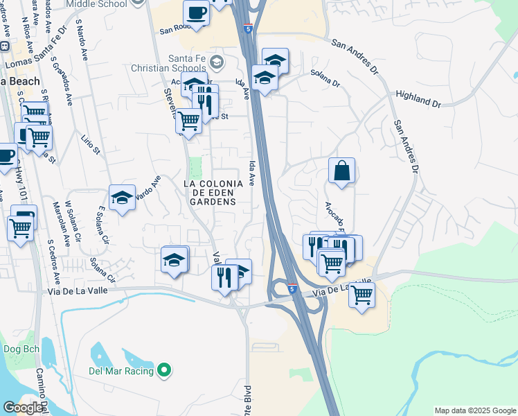 map of restaurants, bars, coffee shops, grocery stores, and more near 816 Ida Avenue in Solana Beach