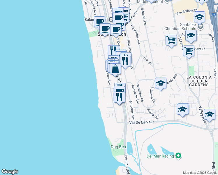 map of restaurants, bars, coffee shops, grocery stores, and more near 341 South Sierra Avenue in Solana Beach