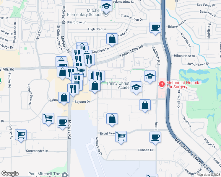 map of restaurants, bars, coffee shops, grocery stores, and more near 17113 Upper Bay Road in Addison