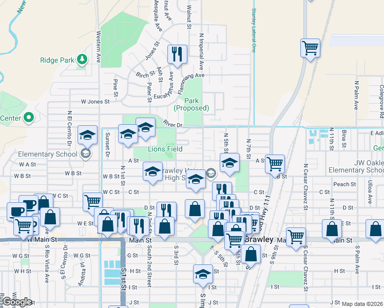 map of restaurants, bars, coffee shops, grocery stores, and more near 609 North Imperial Avenue in Brawley
