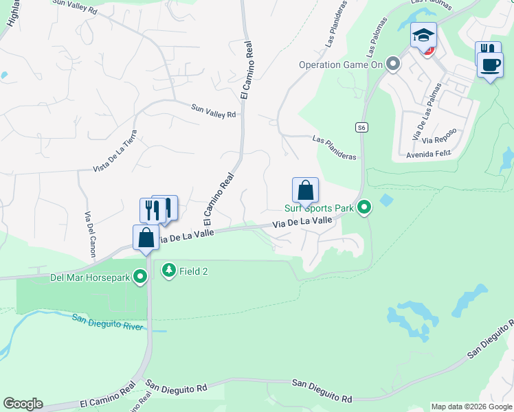 map of restaurants, bars, coffee shops, grocery stores, and more near 14870 Rancho Real in Del Mar