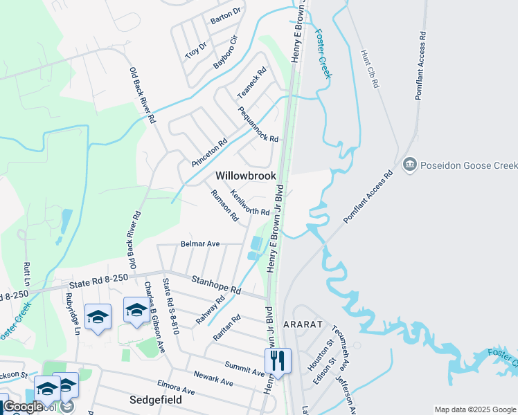 map of restaurants, bars, coffee shops, grocery stores, and more near 9 Grover Lane in Goose Creek