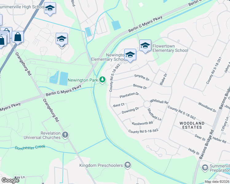 map of restaurants, bars, coffee shops, grocery stores, and more near 105 Boone Drive in Summerville
