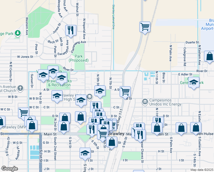 map of restaurants, bars, coffee shops, grocery stores, and more near 643 N 7th St in Brawley
