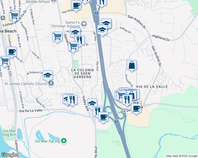 map of restaurants, bars, coffee shops, grocery stores, and more near 816 Ida Avenue in Solana Beach