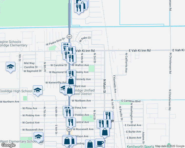map of restaurants, bars, coffee shops, grocery stores, and more near 345 West Bealey Avenue in Coolidge