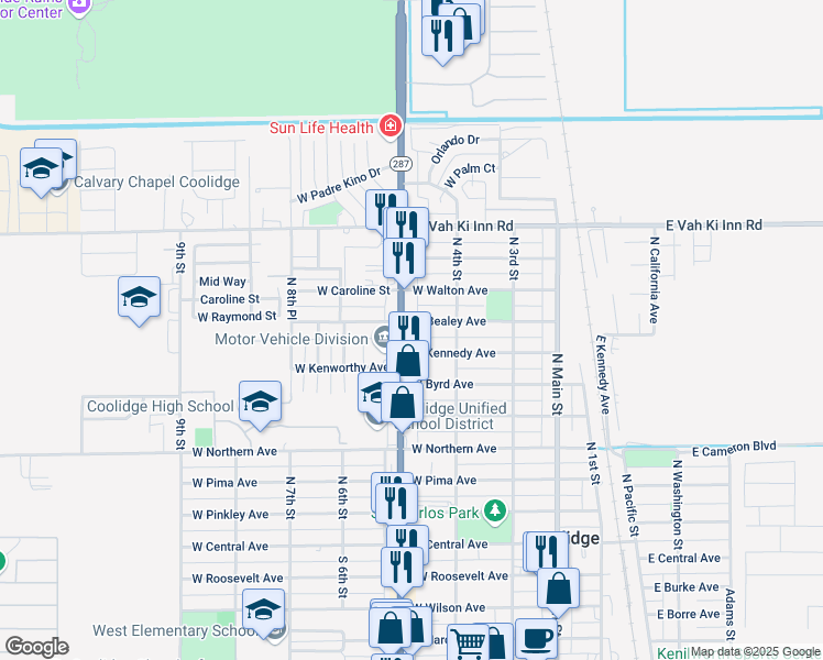 map of restaurants, bars, coffee shops, grocery stores, and more near 775 North Arizona Boulevard in Coolidge