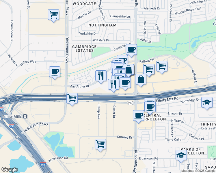 map of restaurants, bars, coffee shops, grocery stores, and more near 1100 West Trinity Mills Road in Carrollton