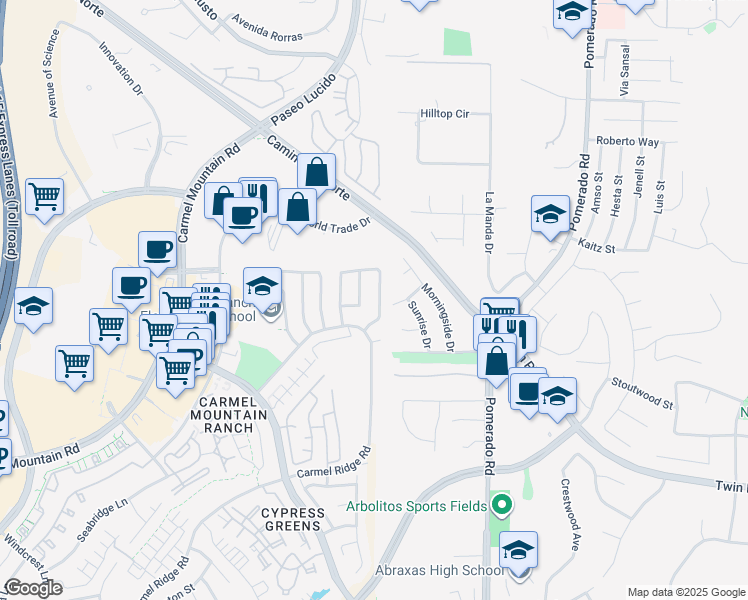 map of restaurants, bars, coffee shops, grocery stores, and more near 14871 Fox Hunt Lane in San Diego