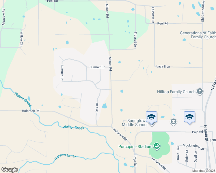 map of restaurants, bars, coffee shops, grocery stores, and more near 100 Summit Drive in Springtown