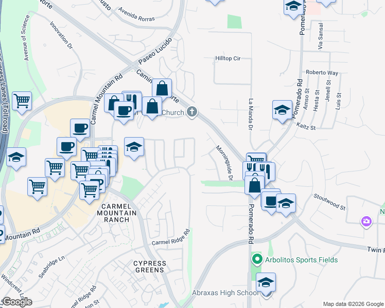 map of restaurants, bars, coffee shops, grocery stores, and more near 14871 Fox Hunt Lane in San Diego
