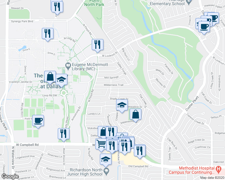 map of restaurants, bars, coffee shops, grocery stores, and more near 1121 Wilderness Trail in Richardson