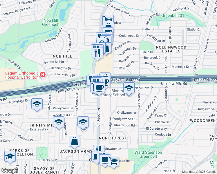 map of restaurants, bars, coffee shops, grocery stores, and more near 2001 Northmoor Drive in Carrollton