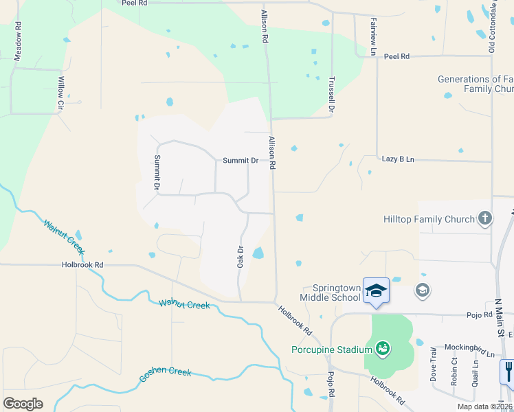 map of restaurants, bars, coffee shops, grocery stores, and more near 100 Summit Drive in Springtown