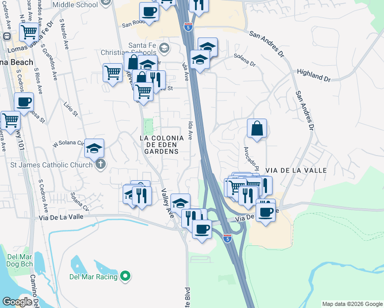 map of restaurants, bars, coffee shops, grocery stores, and more near 816 Ida Avenue in Solana Beach