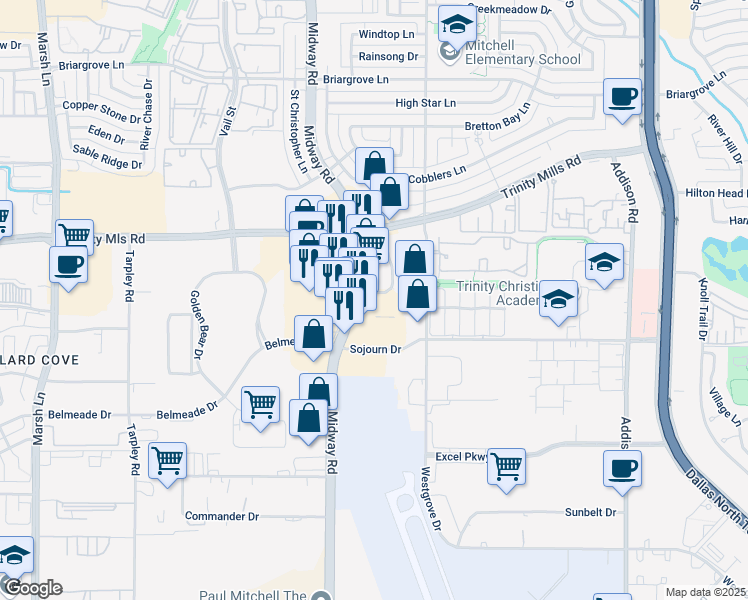 map of restaurants, bars, coffee shops, grocery stores, and more near 3308 Waypoint Drive in Carrollton