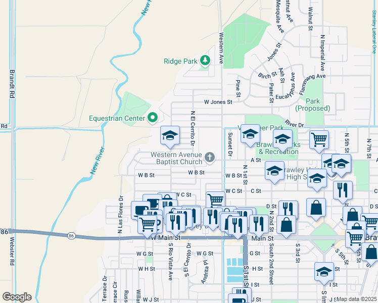 map of restaurants, bars, coffee shops, grocery stores, and more near 321 West Magnolia Street in Brawley