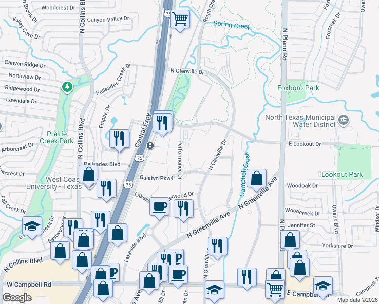 map of restaurants, bars, coffee shops, grocery stores, and more near 1011 Galatyn Parkway in Richardson