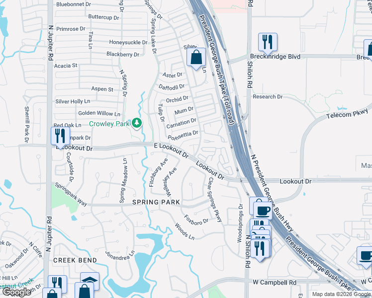 map of restaurants, bars, coffee shops, grocery stores, and more near 2684 Clear Springs Court in Richardson