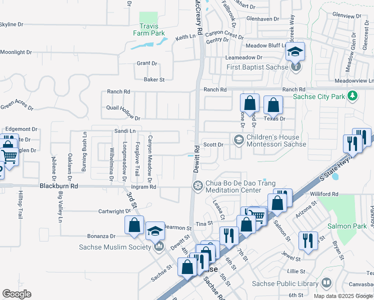 map of restaurants, bars, coffee shops, grocery stores, and more near 2615 Spring Meadow Drive in Sachse