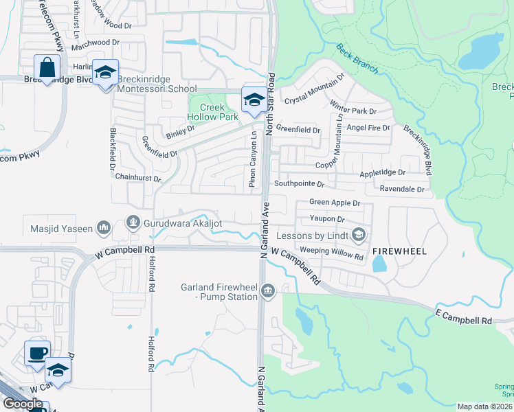 map of restaurants, bars, coffee shops, grocery stores, and more near 4160 Tabernash Lane in Richardson