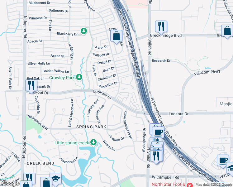 map of restaurants, bars, coffee shops, grocery stores, and more near 2600 Clear Springs Drive in Richardson