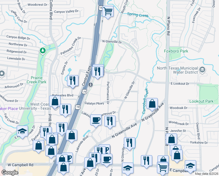 map of restaurants, bars, coffee shops, grocery stores, and more near 1011 Performance Court in Richardson