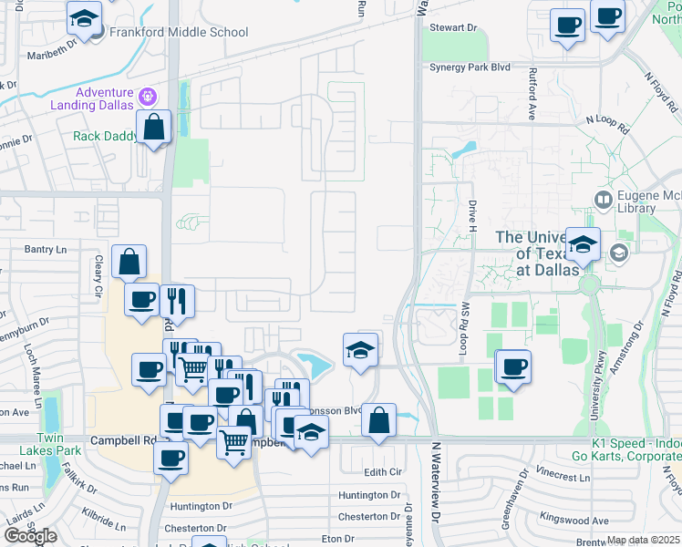 map of restaurants, bars, coffee shops, grocery stores, and more near 8205 Plumbago Way in Dallas