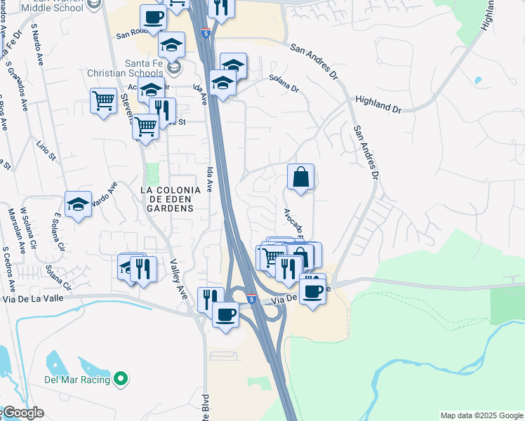 map of restaurants, bars, coffee shops, grocery stores, and more near 1050 America Way in Del Mar