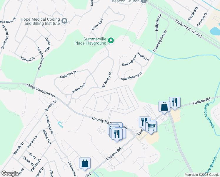 map of restaurants, bars, coffee shops, grocery stores, and more near 224 Rice Circle in Ladson