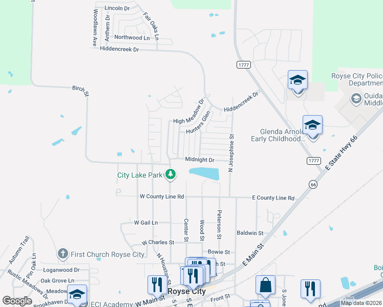 map of restaurants, bars, coffee shops, grocery stores, and more near 1209 Maverick Lane in Royse City