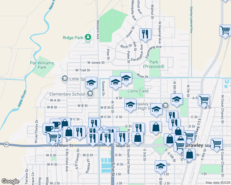 map of restaurants, bars, coffee shops, grocery stores, and more near 104 Magnolia Street in Brawley