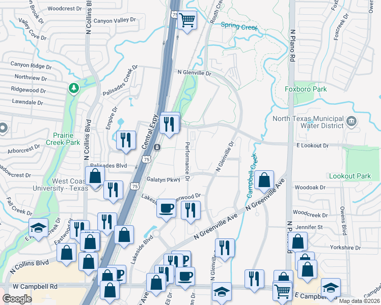map of restaurants, bars, coffee shops, grocery stores, and more near 1011 Performance Court in Richardson