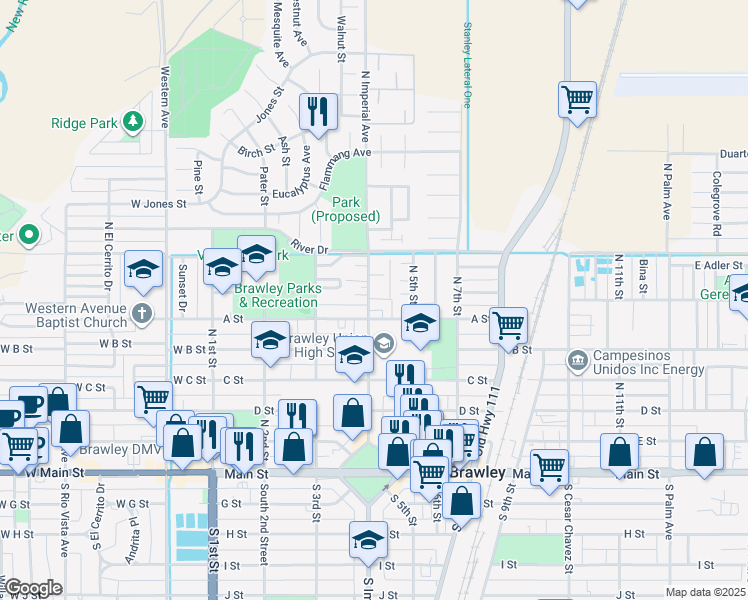 map of restaurants, bars, coffee shops, grocery stores, and more near 23 Trail Street in Brawley