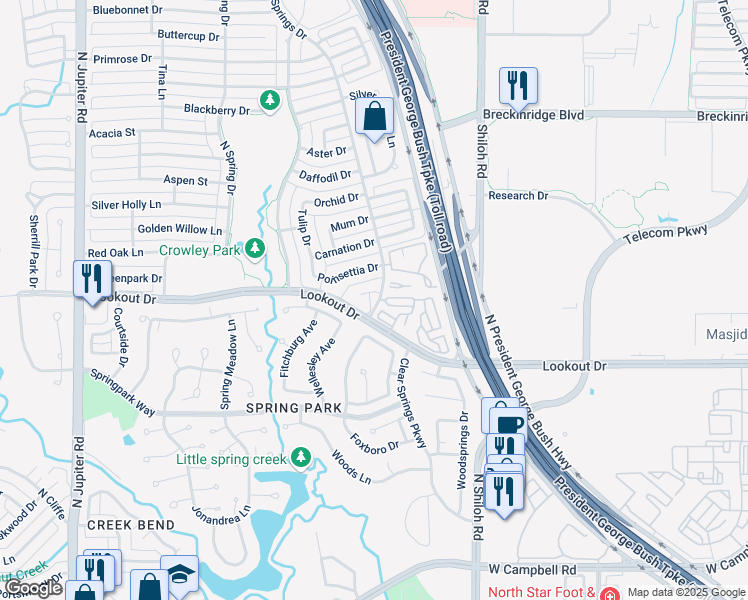 map of restaurants, bars, coffee shops, grocery stores, and more near 2600 Clear Springs Drive in Richardson