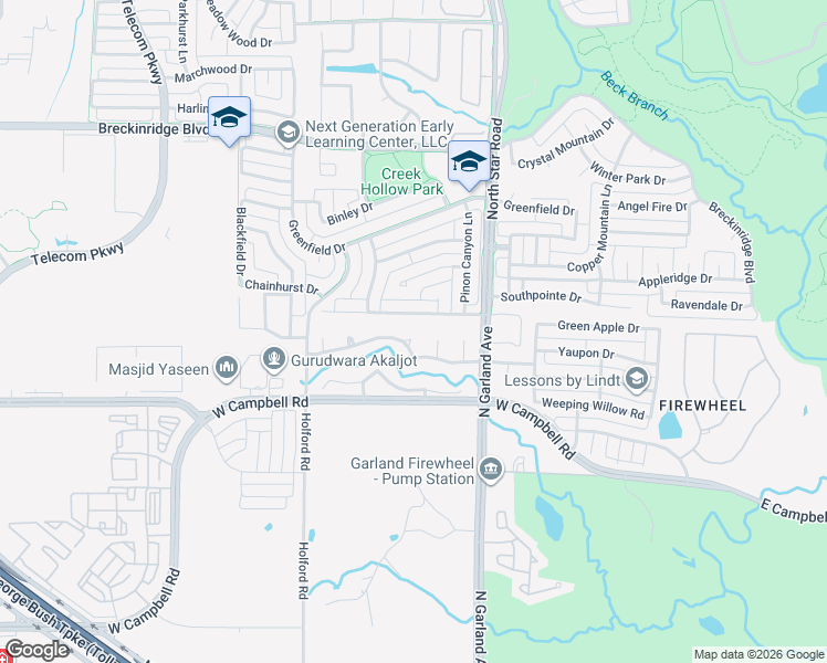 map of restaurants, bars, coffee shops, grocery stores, and more near 1119 Creekwood Drive in Garland