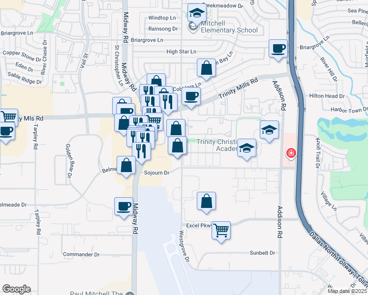 map of restaurants, bars, coffee shops, grocery stores, and more near 17200 Westgrove Drive in Addison