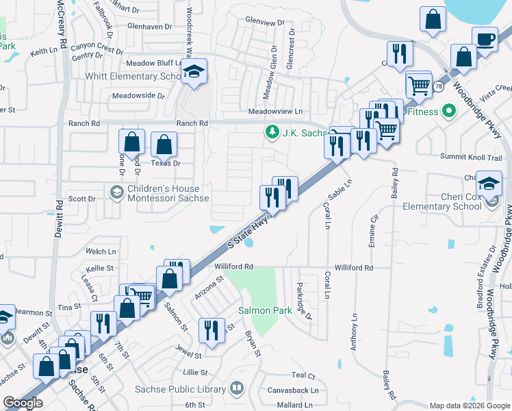 map of restaurants, bars, coffee shops, grocery stores, and more near 7010 Highway 78 in Sachse