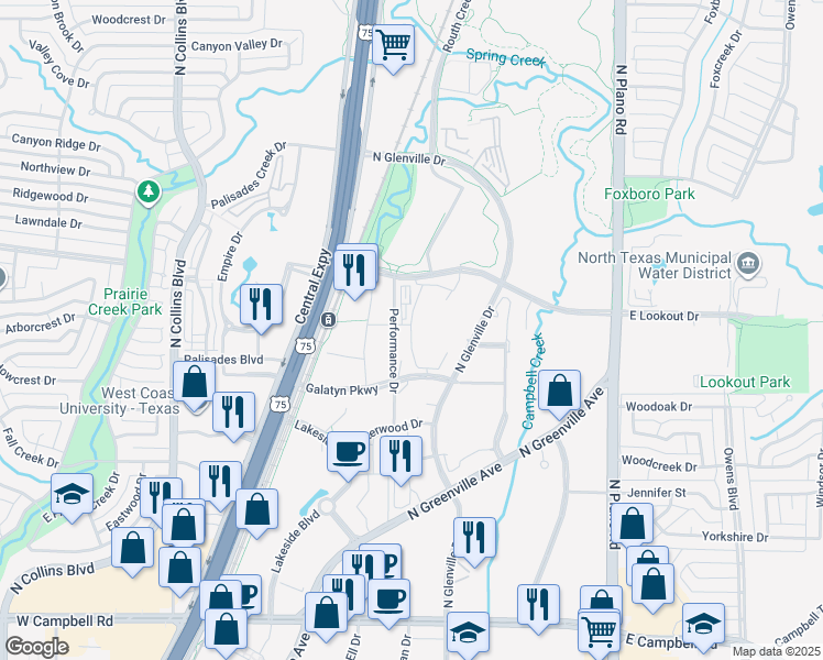 map of restaurants, bars, coffee shops, grocery stores, and more near 1011 Performance Court in Richardson