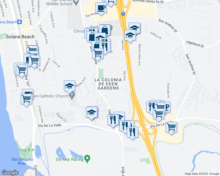 map of restaurants, bars, coffee shops, grocery stores, and more near 700 Valley Avenue in Solana Beach