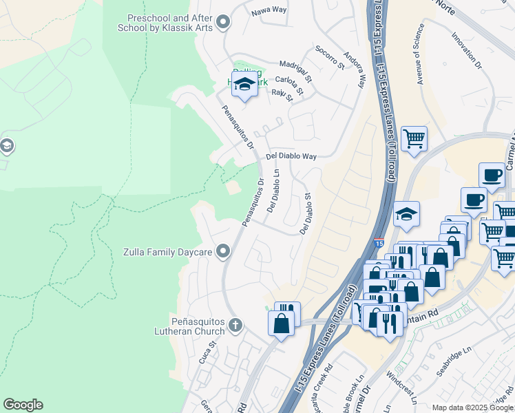 map of restaurants, bars, coffee shops, grocery stores, and more near 14839 Penasquitos Drive in San Diego