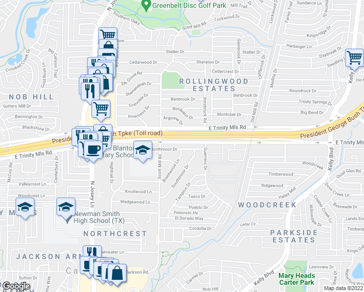 map of restaurants, bars, coffee shops, grocery stores, and more near 2115 Northmoor Drive in Carrollton