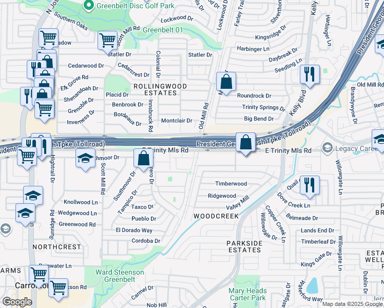map of restaurants, bars, coffee shops, grocery stores, and more near 2240 East Trinity Mills Road in Carrollton